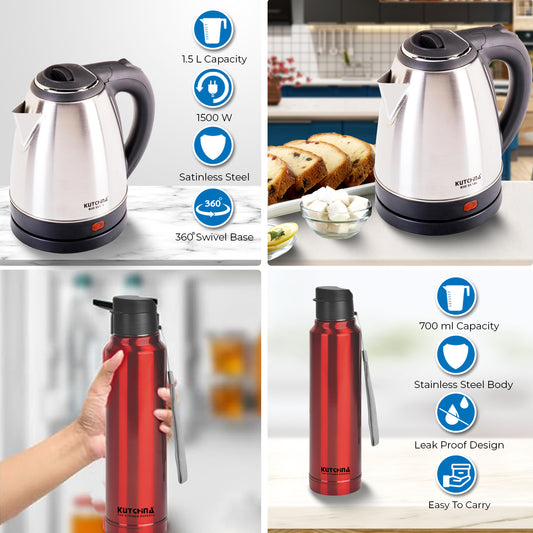 Kutchina EVA SS Electric Kettle with Thermosteel Water Bottle Combo