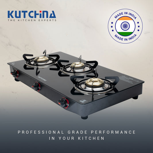 Kutchina Pluto 3B Glass Gas Stove 3 Burner, 3 Burner Glass Cooktop Gas Stoves Glass Manual Gas Stove (3 Burners)