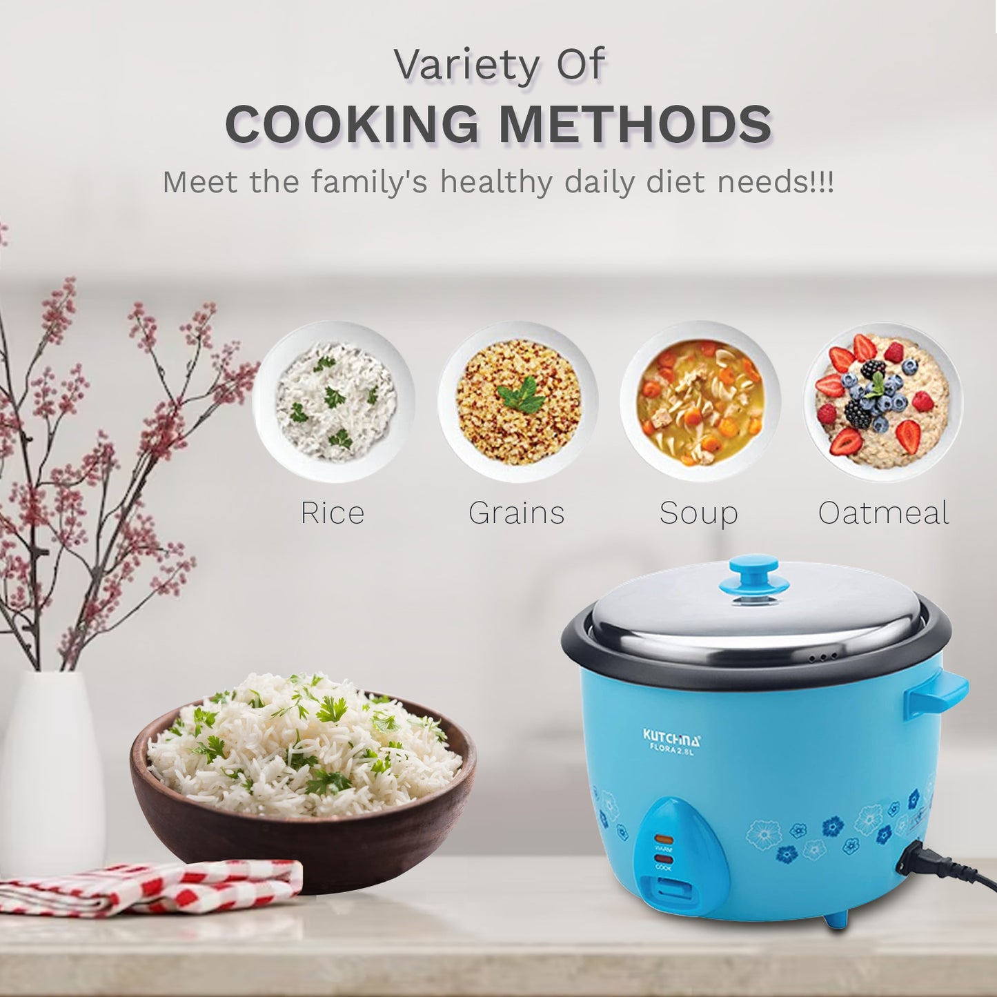 Kutchina Flora Rice Cooker 2.8L, Non-Stick with Steaming Feature