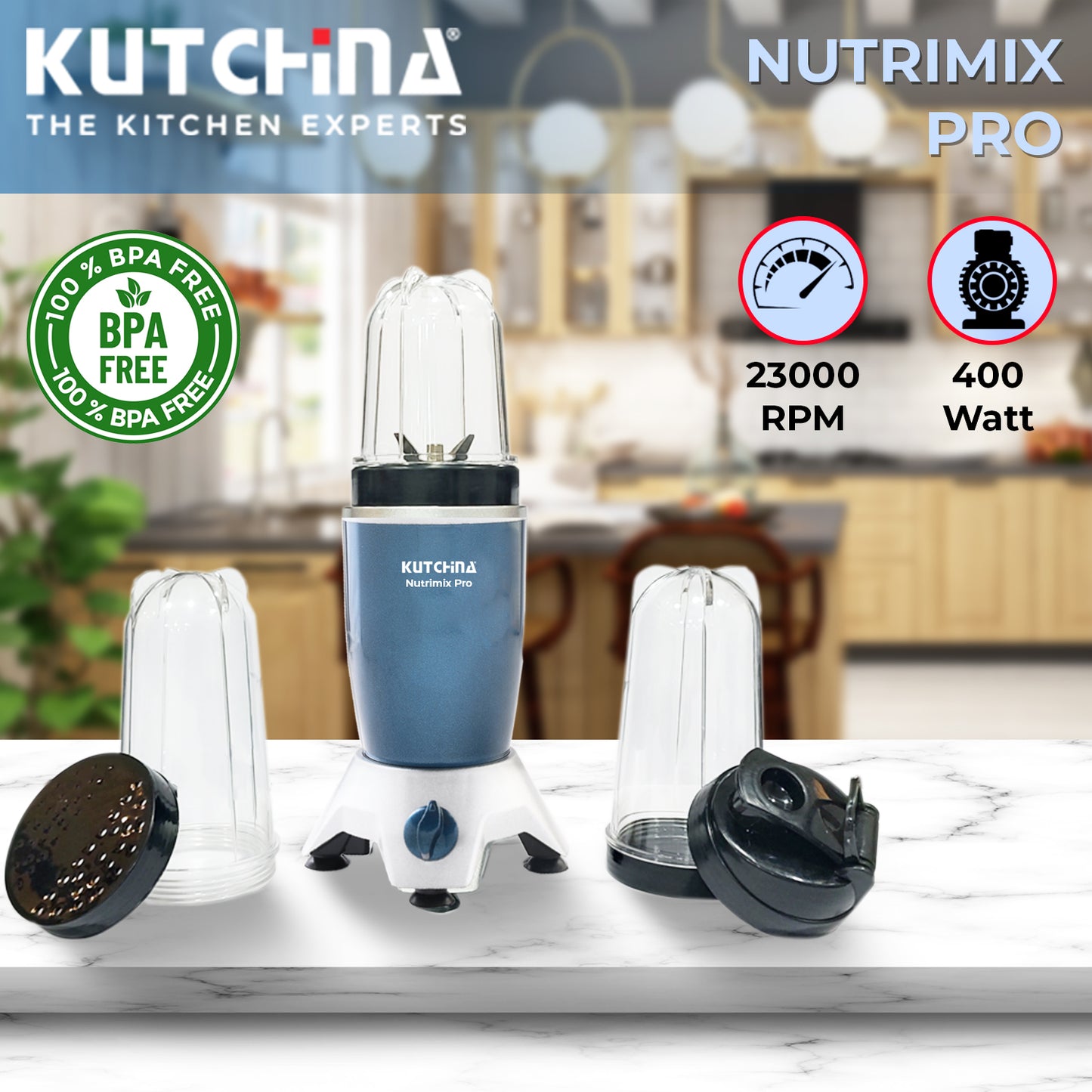 Kutchina Nutrimix Pro Nutri Blender 400 W Juicer Mixer Grinder (Bullet Mixer Grinder | 3 Jars | Blue)