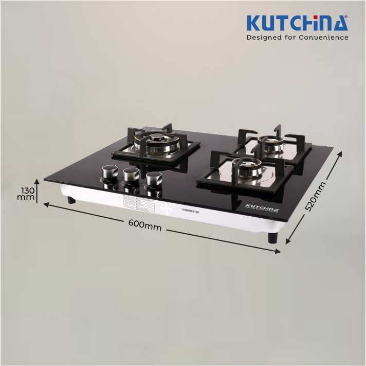 Kutchina Marica HB 3B ECO BRS 60 Hob Gas Stove 3 Burner, Cooking Hob 3 Burner Gas Stove Glass Automatic Hob (3 Burners)