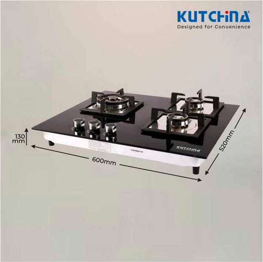 Kutchina Marica HB 3B ECO BRS 60 Hob Gas Stove 3 Burner, Cooking Hob 3 Burner Gas Stove Glass Automatic Hob (3 Burners)