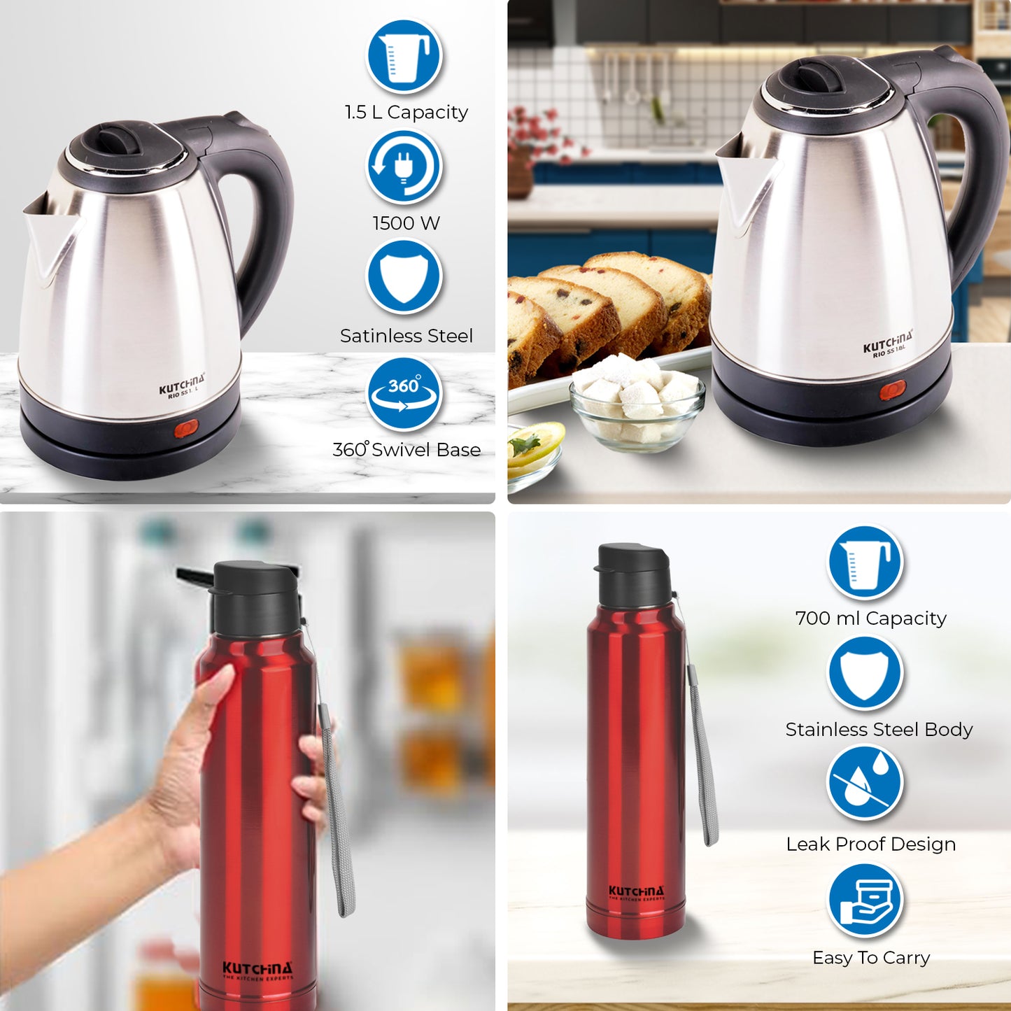 Kutchina EVA SS Electric Kettle with Thermosteel Water Bottle Combo