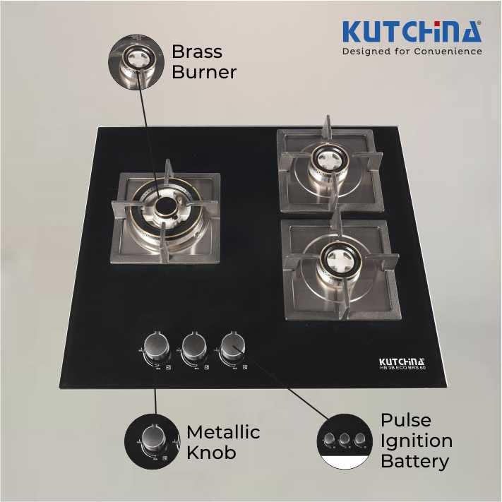 Kutchina Marica HB 3B ECO BRS 60 Hob Gas Stove 3 Burner, Cooking Hob 3 Burner Gas Stove Glass Automatic Hob (3 Burners)