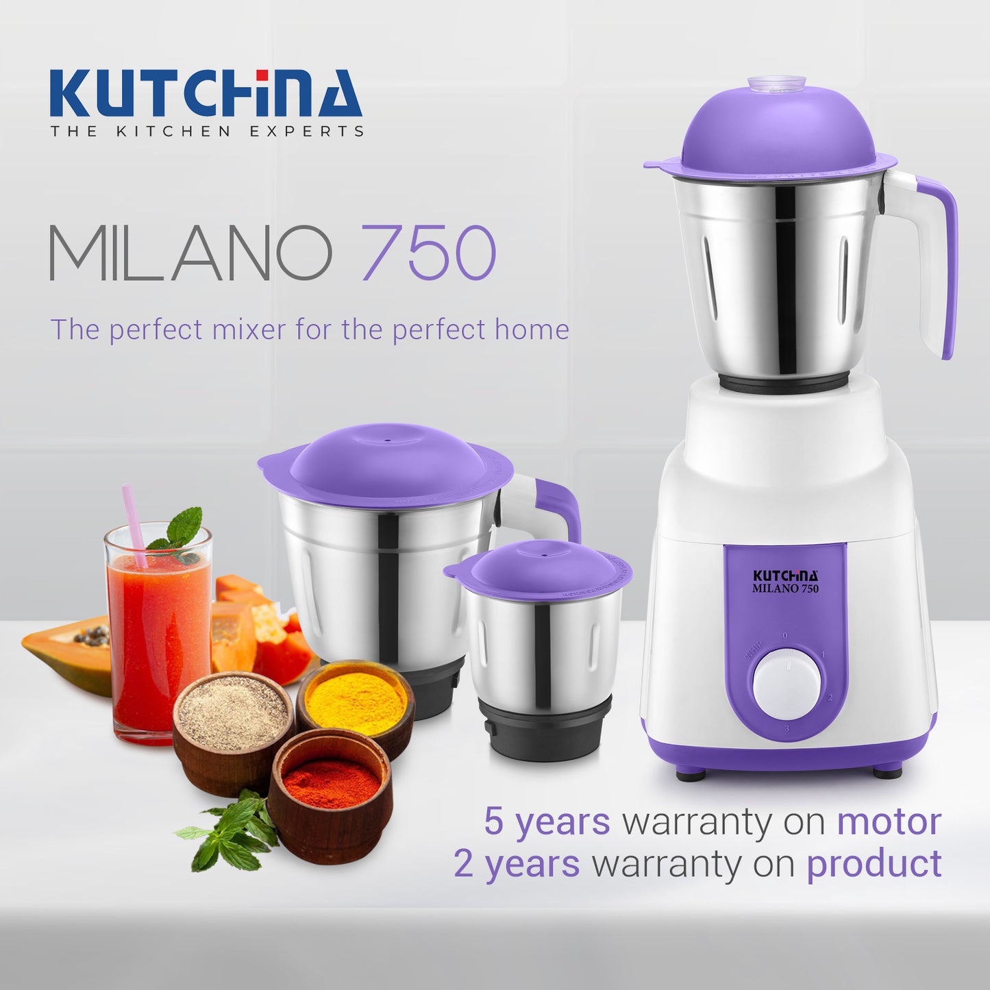 Kutchina Milano Excel 750W Mixer Grinder, 3 Jars