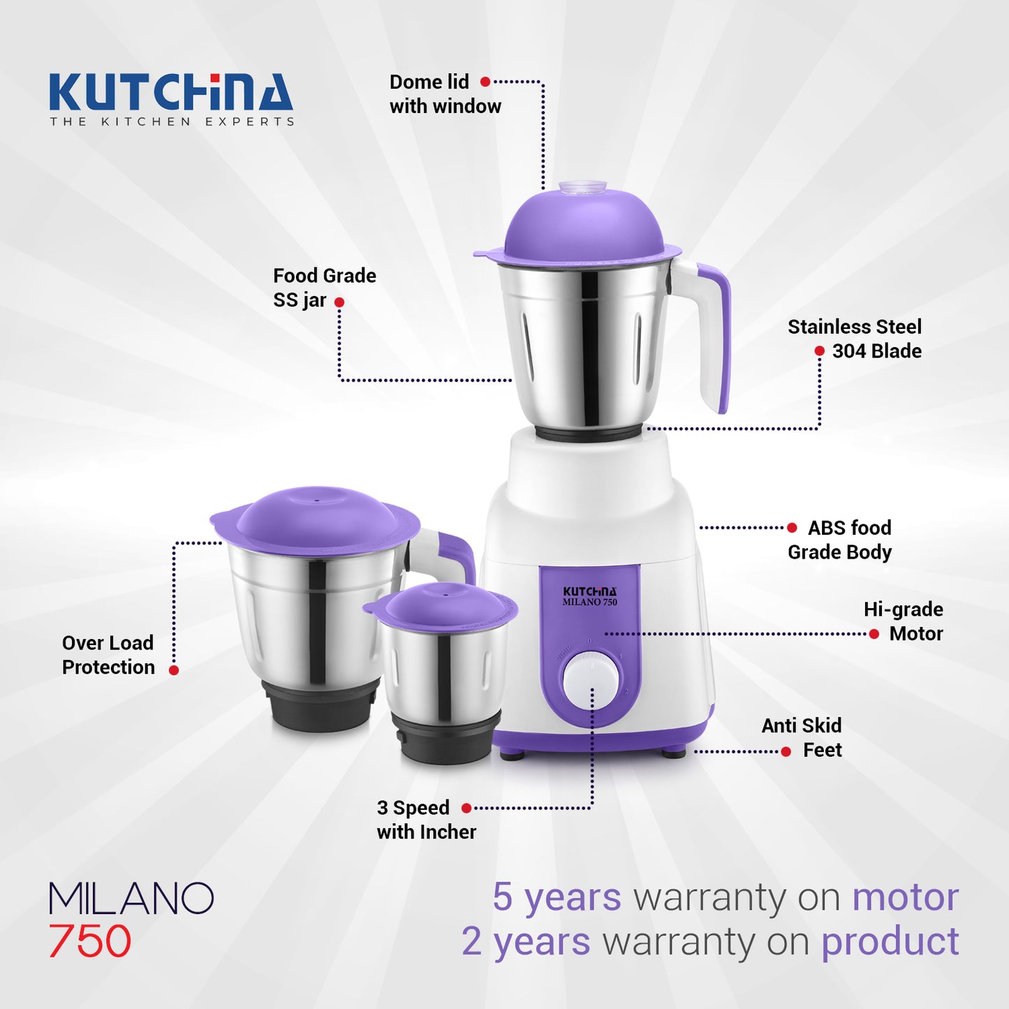 Kutchina Milano Excel 750W Mixer Grinder, 3 Jars