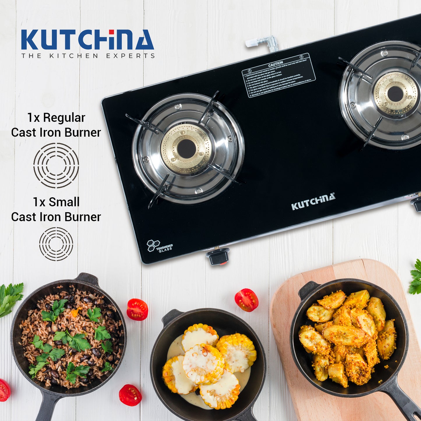 Kutchina Pluto 2B Cooktop 2 Burner Gas Stove, Gas Stove 2 Burner Glass Top Glass Manual Gas Stove (2 Burners)