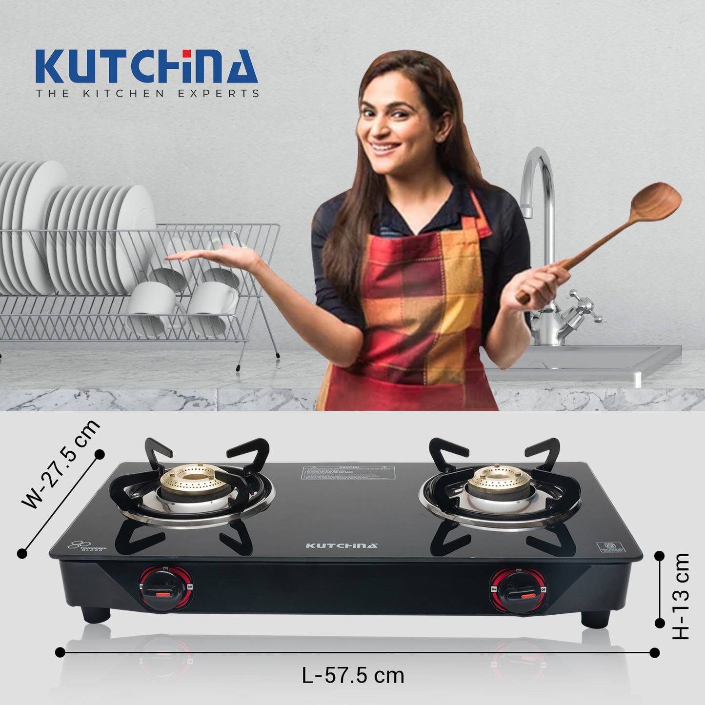 Kutchina Pluto 2B Cooktop 2 Burner Gas Stove, Gas Stove 2 Burner Glass Top Glass Manual Gas Stove (2 Burners)