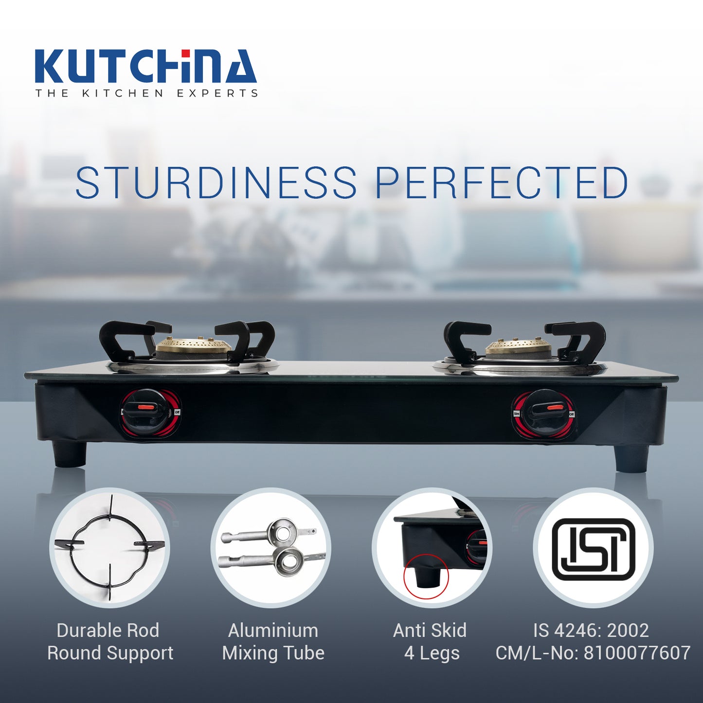 Kutchina Pluto 2B Cooktop 2 Burner Gas Stove, Gas Stove 2 Burner Glass Top Glass Manual Gas Stove (2 Burners)
