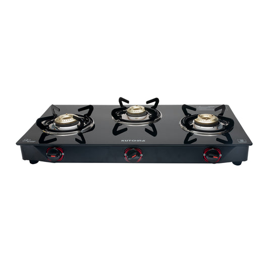 Kutchina Pluto 3B Glass Gas Stove 3 Burner, 3 Burner Glass Cooktop Gas Stoves Glass Manual Gas Stove (3 Burners)