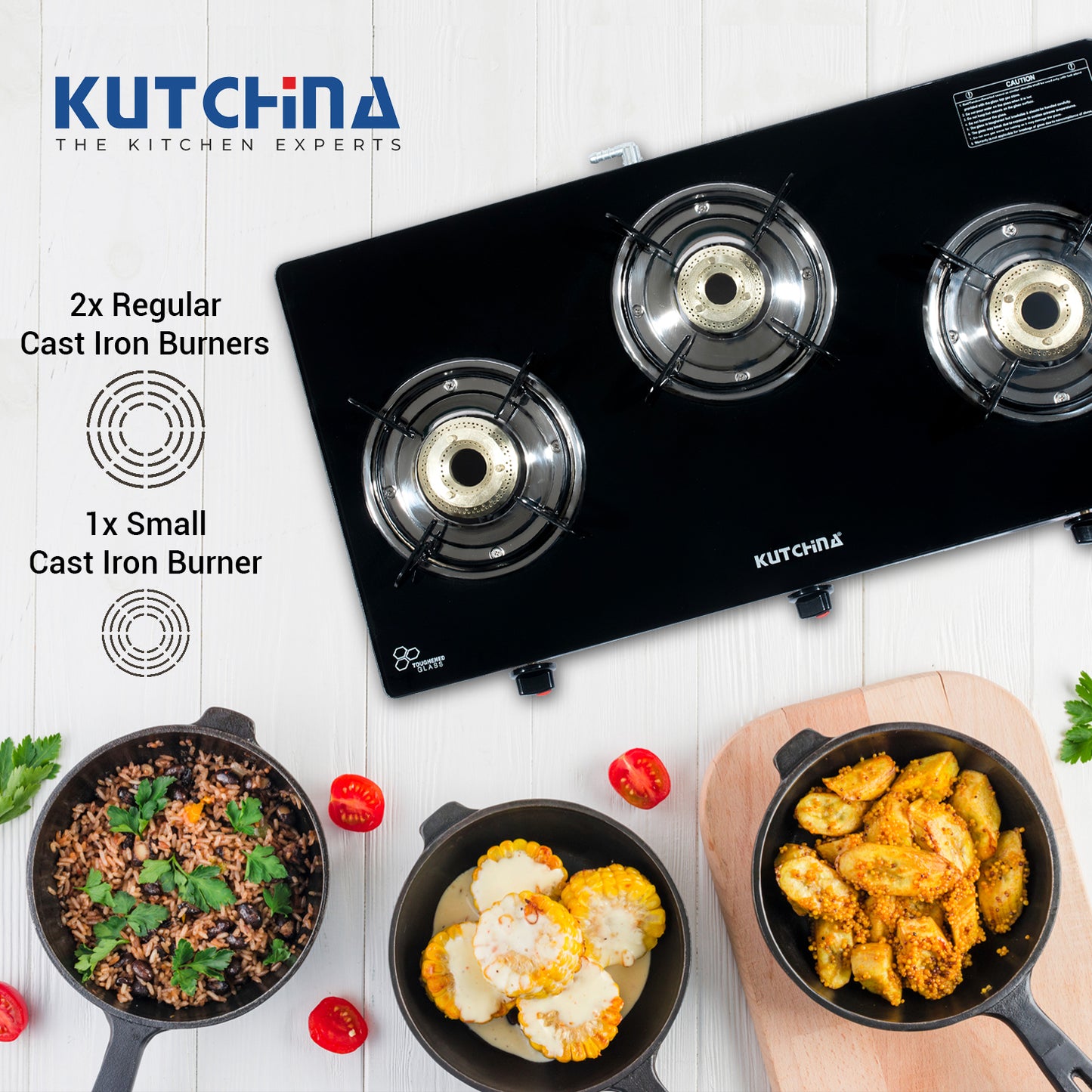 Kutchina Pluto 3B Glass Gas Stove 3 Burner, 3 Burner Glass Cooktop Gas Stoves Glass Manual Gas Stove (3 Burners)