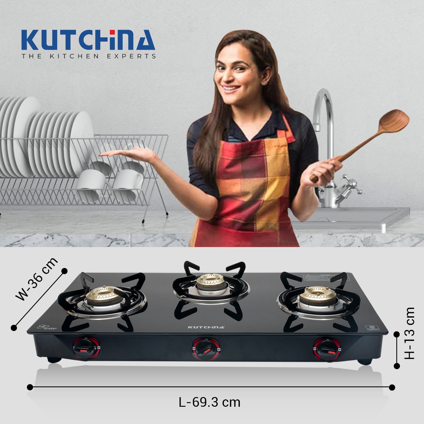 Kutchina Pluto 3B Glass Gas Stove 3 Burner, 3 Burner Glass Cooktop Gas Stoves Glass Manual Gas Stove (3 Burners)