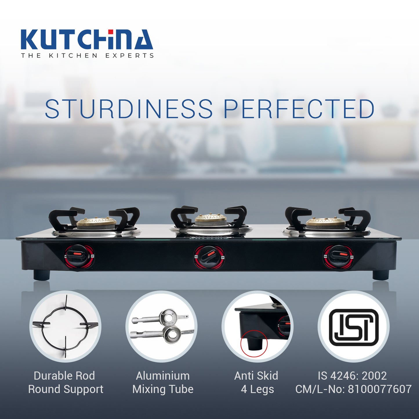 Kutchina Pluto 3B Glass Gas Stove 3 Burner, 3 Burner Glass Cooktop Gas Stoves Glass Manual Gas Stove (3 Burners)
