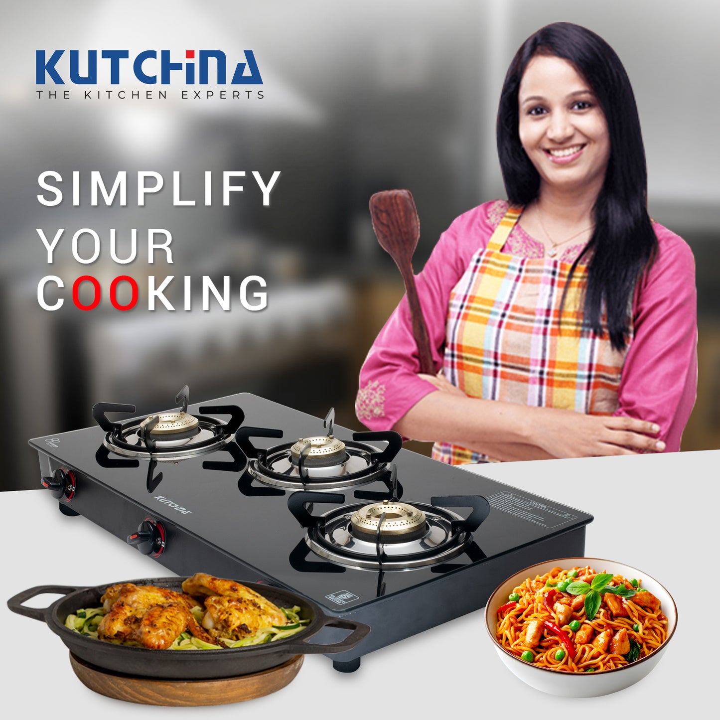 Kutchina Pluto 3B Glass Gas Stove 3 Burner, 3 Burner Glass Cooktop Gas Stoves Glass Manual Gas Stove (3 Burners)