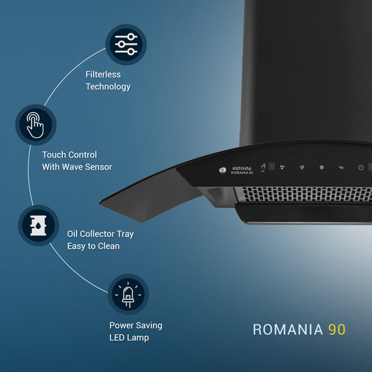 Kutchina ROMANIA 90 1300 CMH 90 cm Auto Clean Chimney (Wall Mounted, Black)