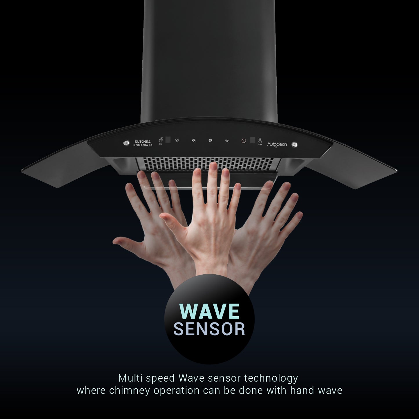 Kutchina ROMANIA 90 1300 CMH 90 cm Auto Clean Chimney (Wall Mounted, Black)