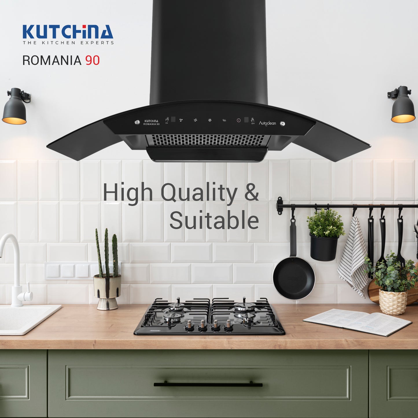 Kutchina ROMANIA 90 1300 CMH 90 cm Auto Clean Chimney (Wall Mounted, Black)