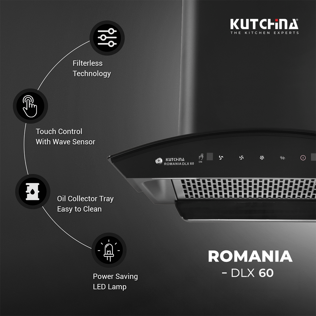 Kutchina ROMANIA DLX 60 1300 CMH 60 cm Ductless Plug & Play Touch & Wave Sensor Control Auto Clean Chimney (Wall Mounted, Black)