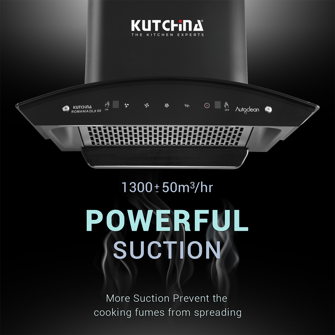 Kutchina ROMANIA DLX 60 1300 CMH 60 cm Ductless Plug & Play Touch & Wave Sensor Control Auto Clean Chimney (Wall Mounted, Black)
