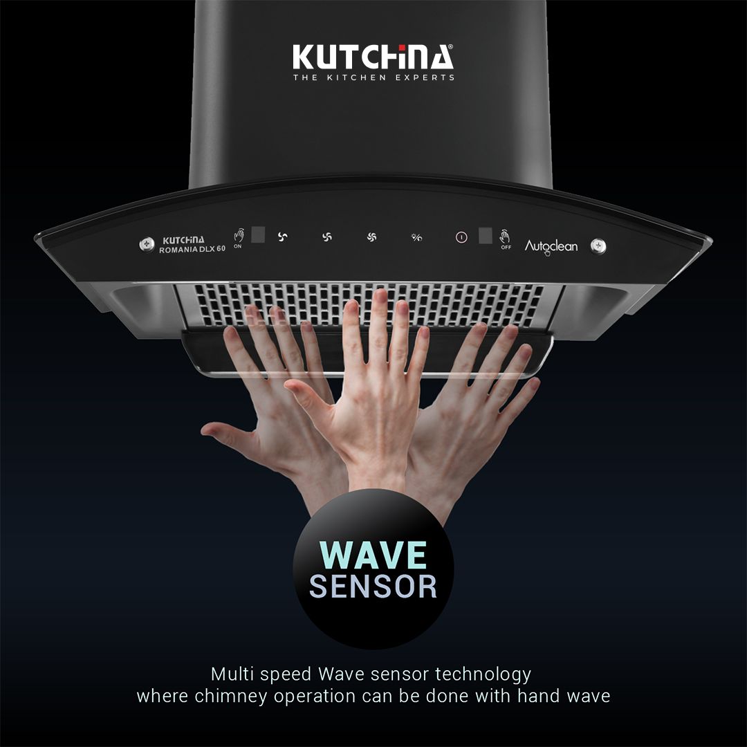 Kutchina ROMANIA DLX 60 1300 CMH 60 cm Ductless Plug & Play Touch & Wave Sensor Control Auto Clean Chimney (Wall Mounted, Black)