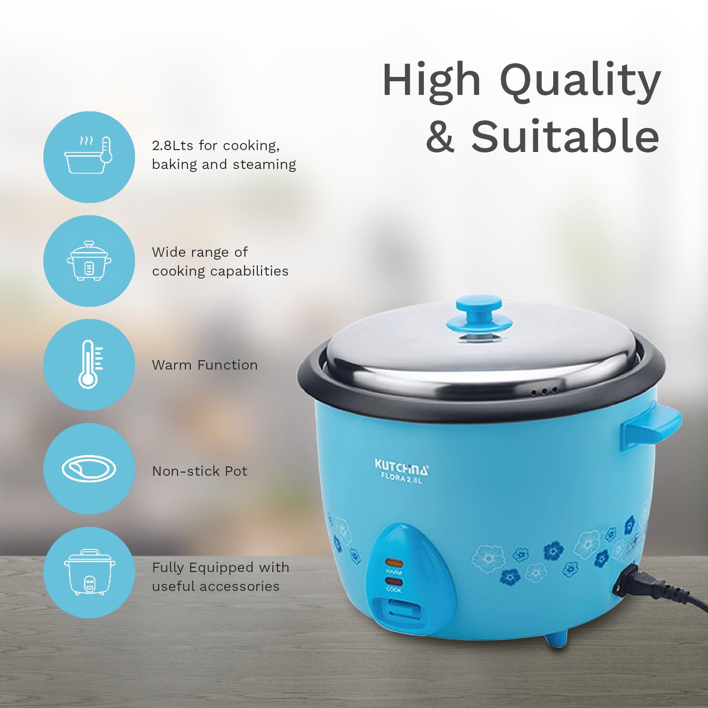 Kutchina Flora Rice Cooker 2.8L, Non-Stick with Steaming Feature