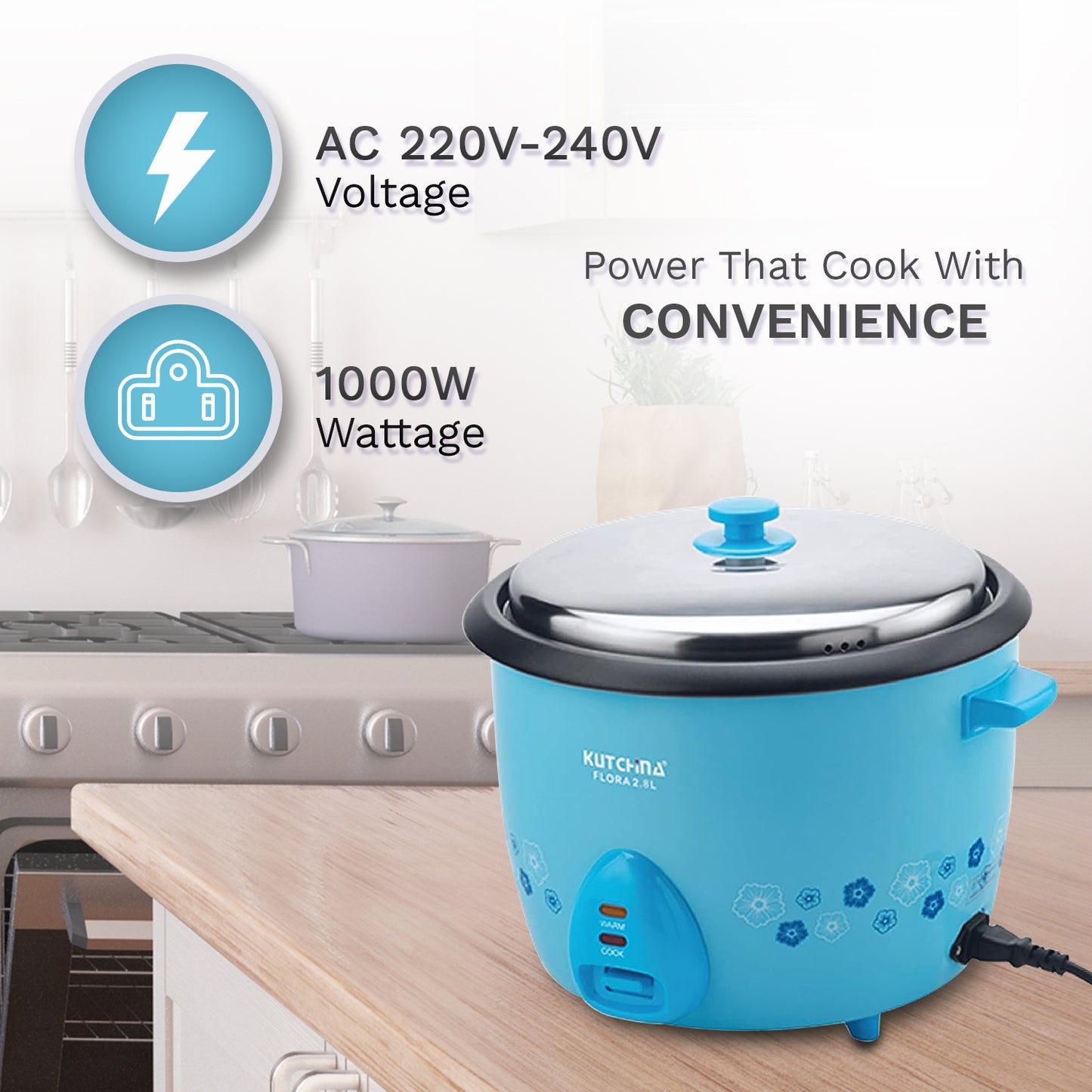 Kutchina Flora Rice Cooker 2.8L, Non-Stick with Steaming Feature