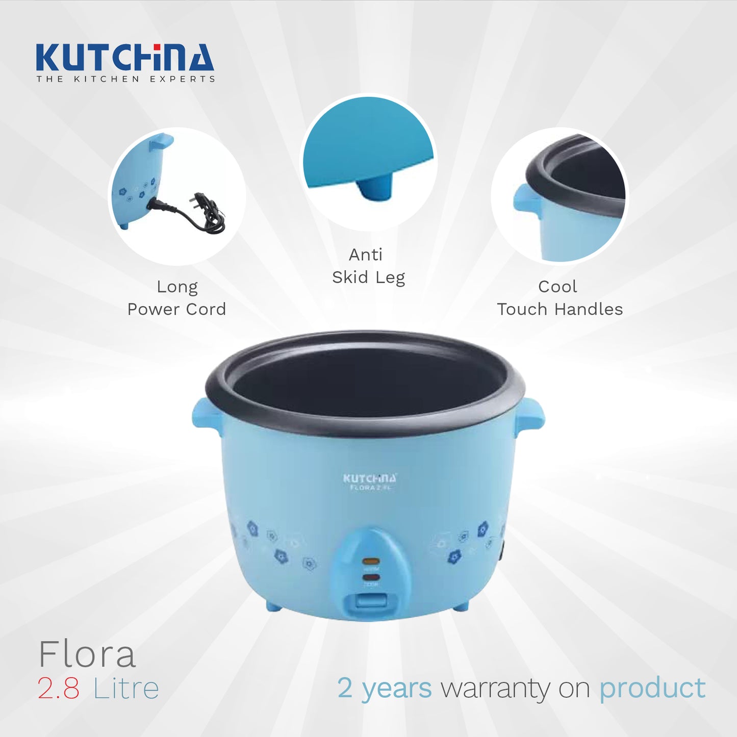Kutchina Flora Rice Cooker 2.8L, Non-Stick with Steaming Feature