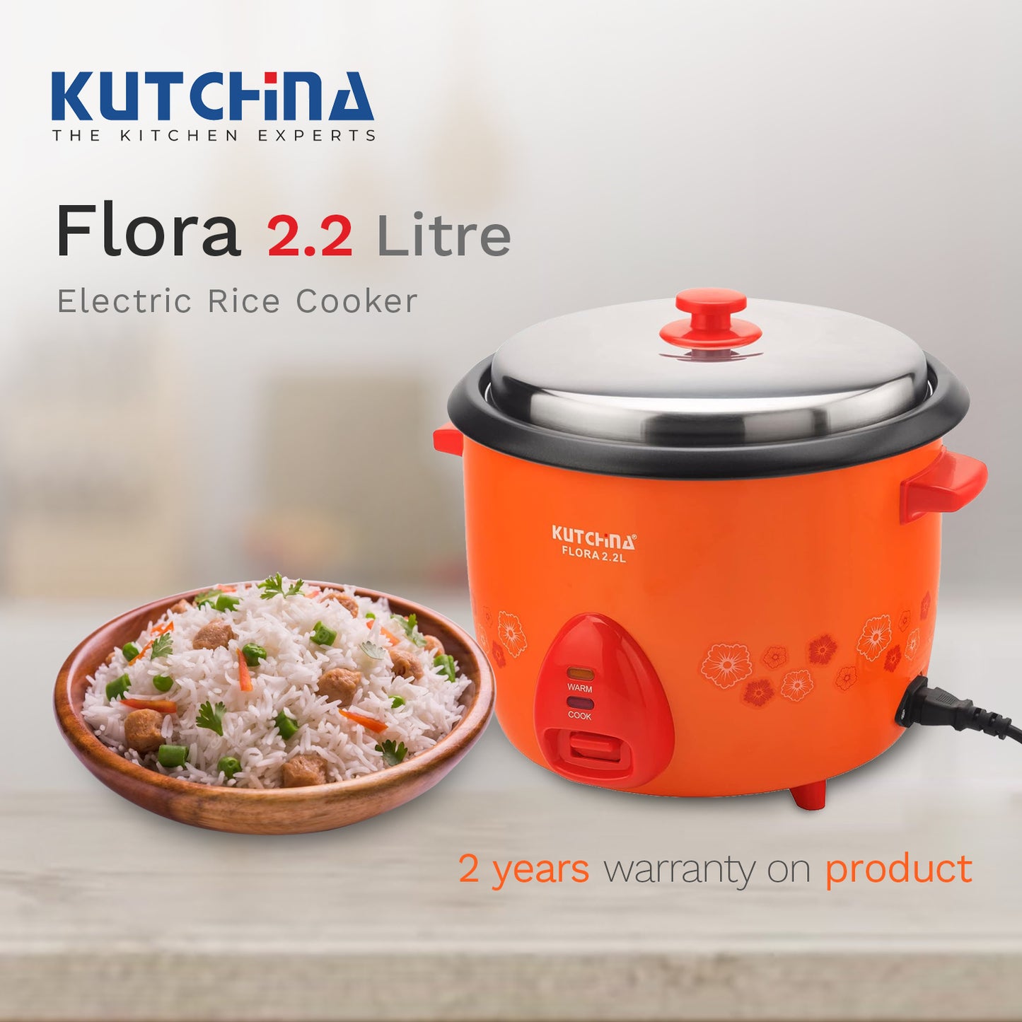 Kutchina Flora Rice Cooker 2.2L, Non-Stick with Steaming Feature
