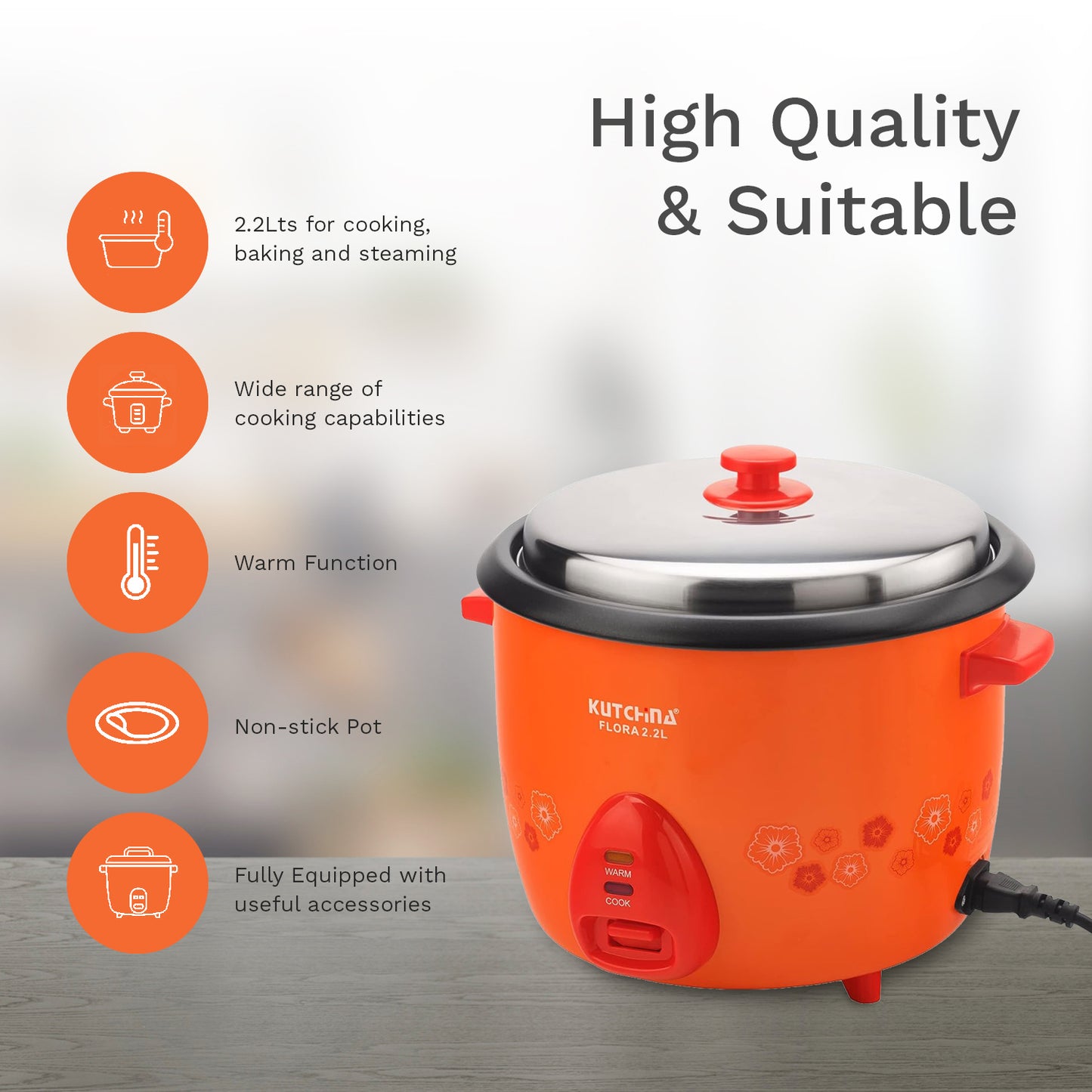 Kutchina Flora Rice Cooker 2.2L, Non-Stick with Steaming Feature