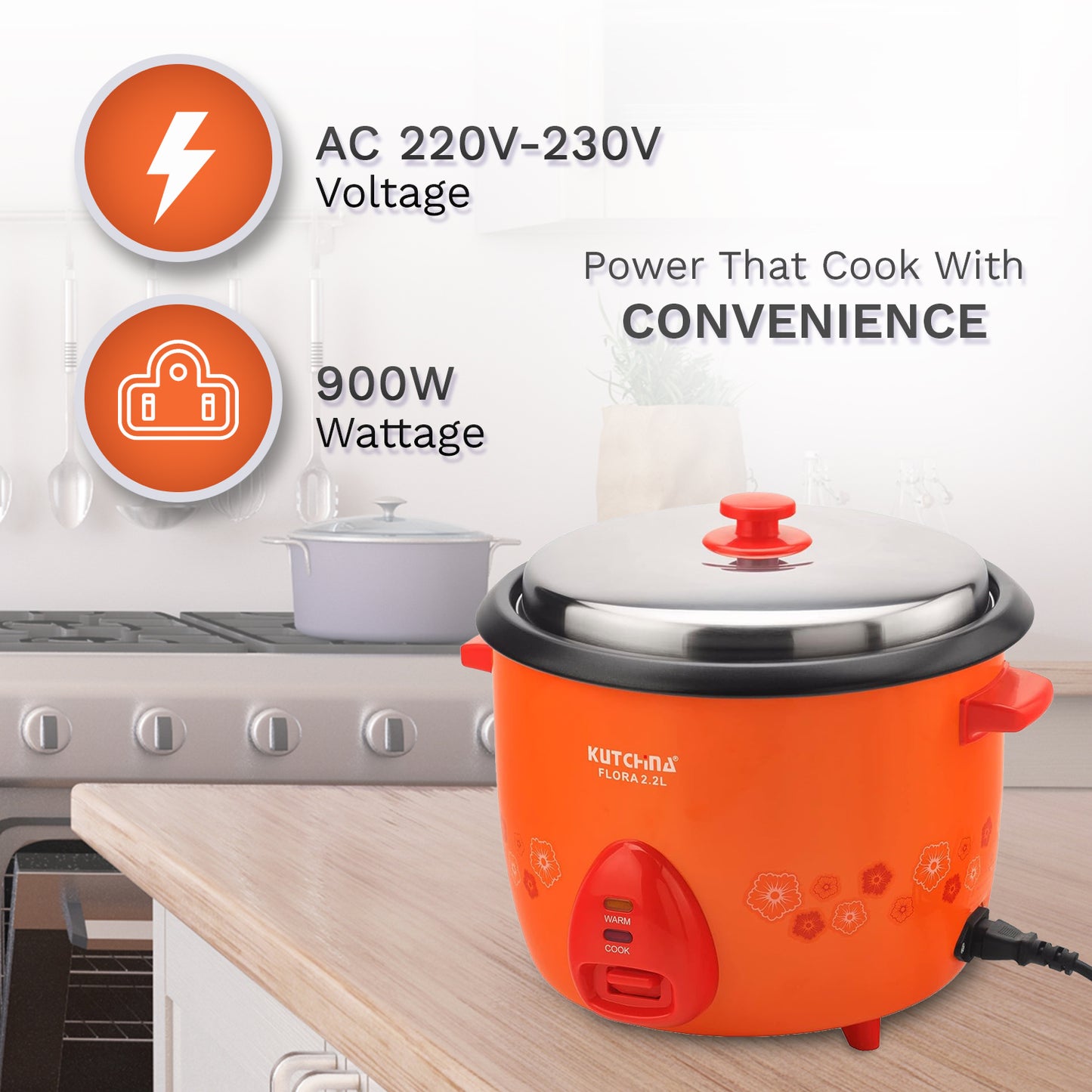 Kutchina Flora Rice Cooker 2.2L, Non-Stick with Steaming Feature