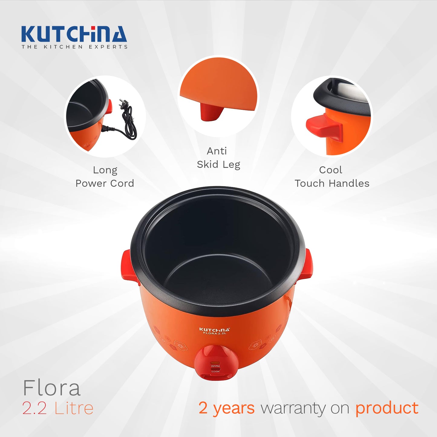 Kutchina Flora Rice Cooker 2.2L, Non-Stick with Steaming Feature