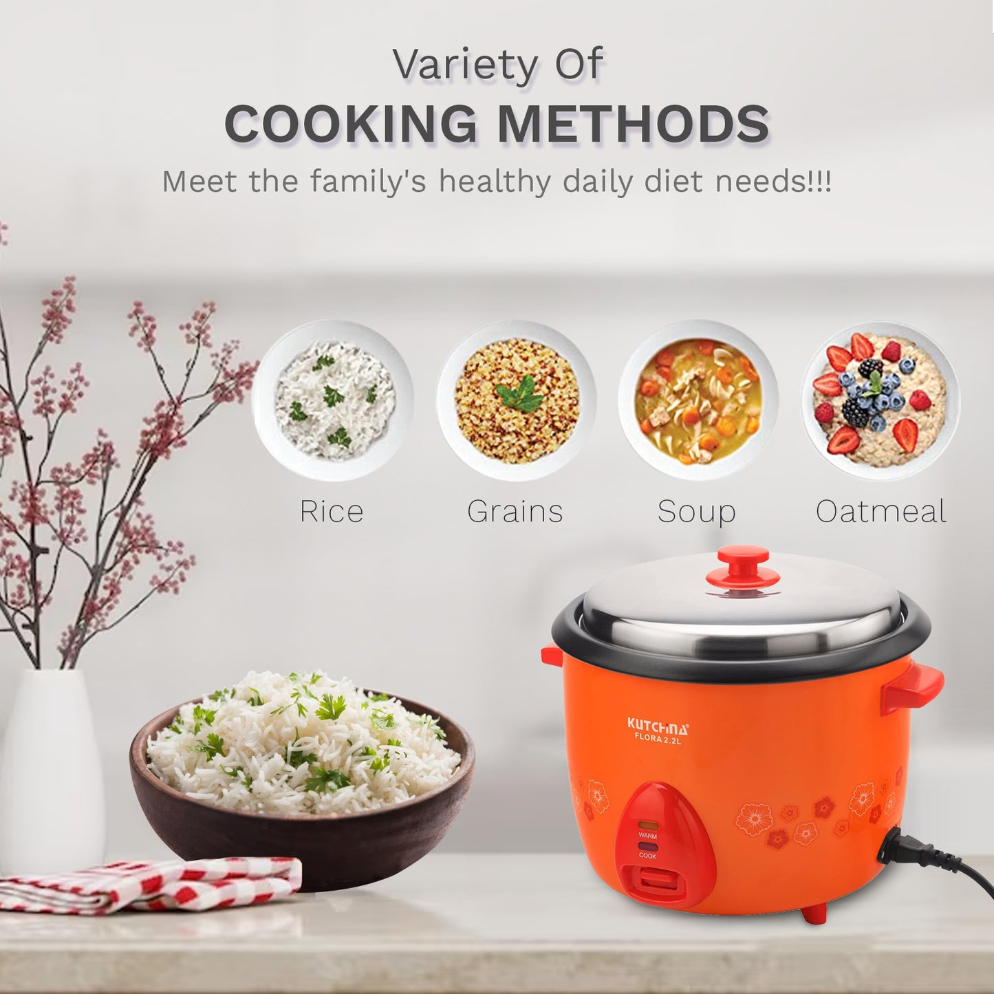 Kutchina Flora Rice Cooker 2.2L, Non-Stick with Steaming Feature