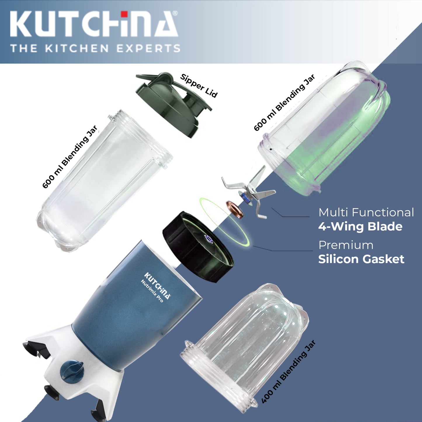 Kutchina Nutrimix Pro Nutri Blender 400 W Juicer Mixer Grinder (Bullet Mixer Grinder | 3 Jars | Blue)